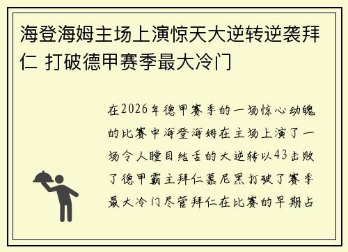 海登海姆主场上演惊天大逆转逆袭拜仁 打破德甲赛季最大冷门